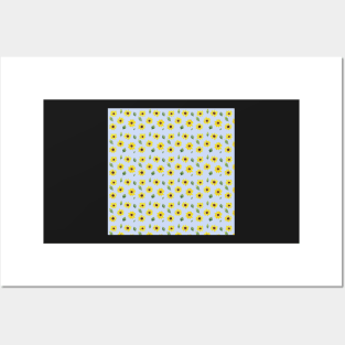 Loose Sunflower Pattern with a light blue background Posters and Art